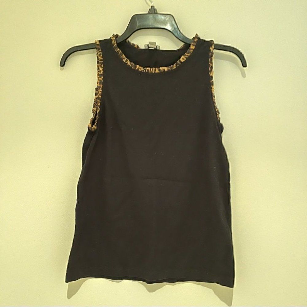 J. Crew sleeveless black blouse with leopard print ruffle trim